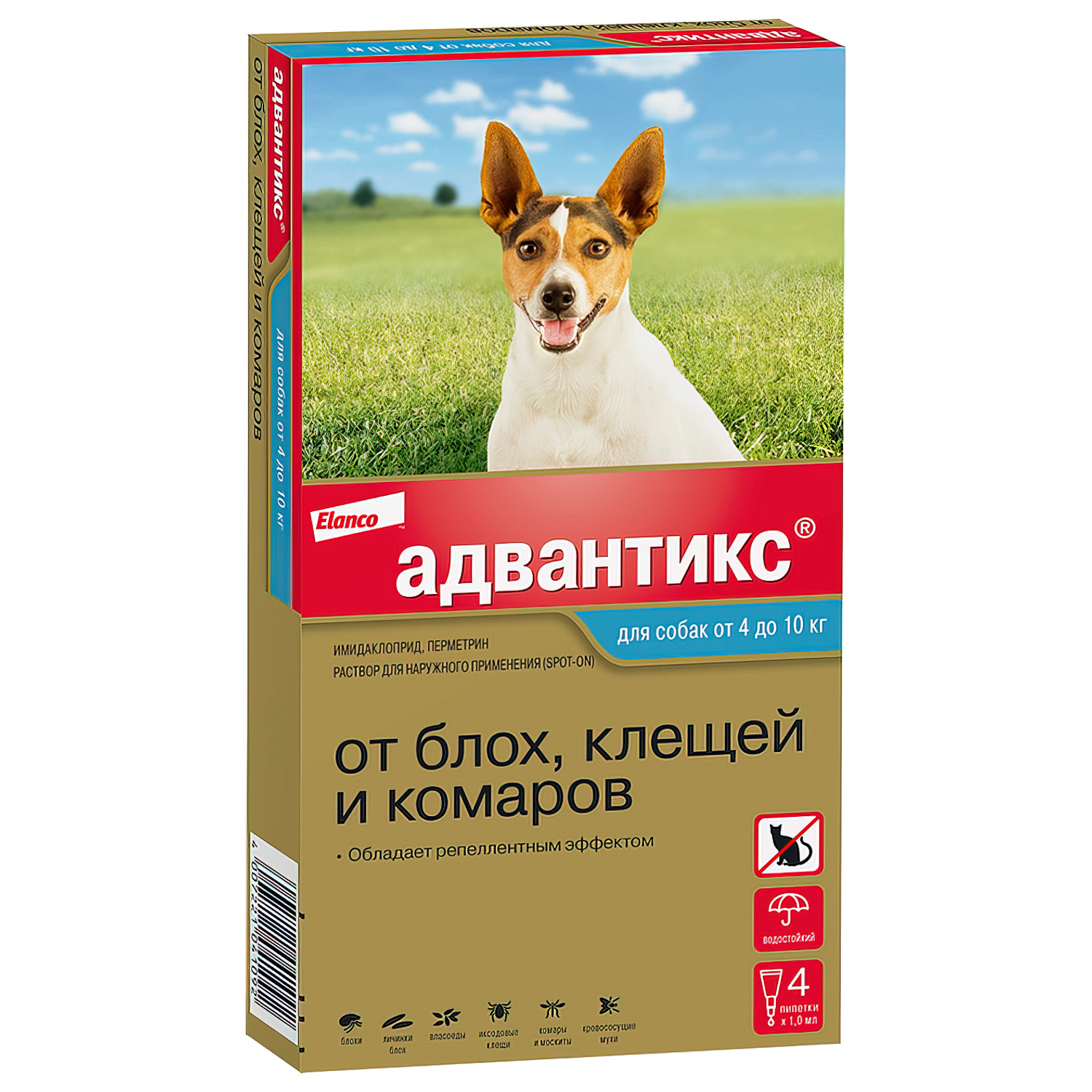 Bayer Адвантикс 100 С для собак 4-10 кг от блох, клещей и комаров (4 пипетки х 1 мл)