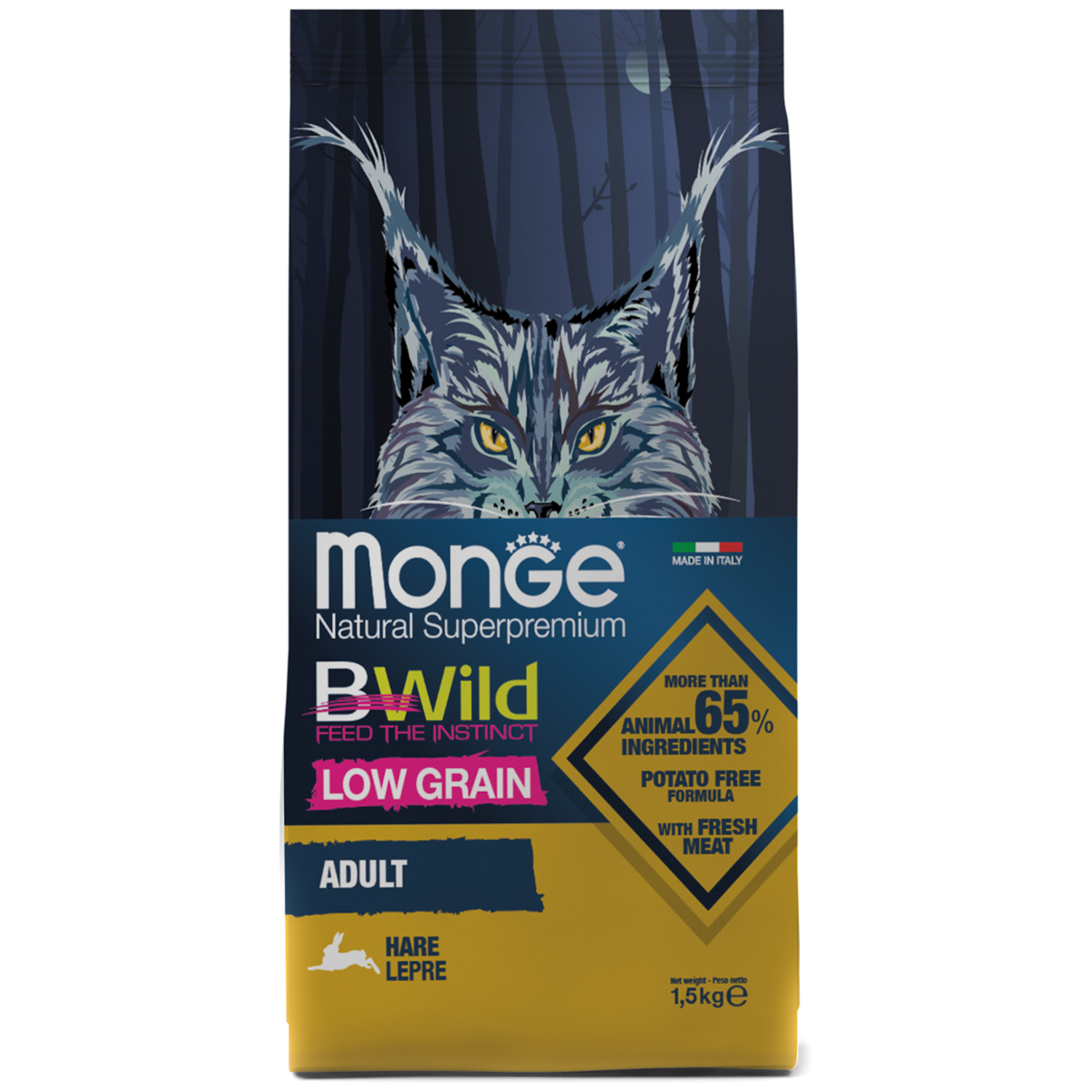 Сухой корм Monge Cat BWild LOW Hare для взрослых кошек, низкозерновой, из мяса зайца 1,5 кг