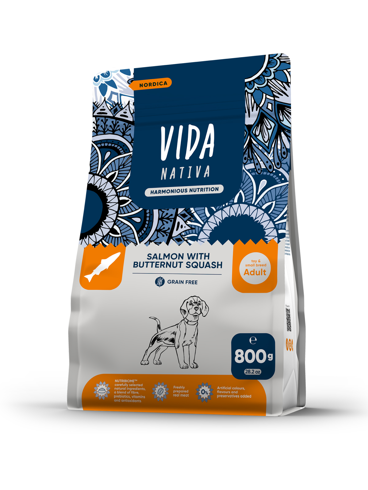 Сухой корм VIDA NATIVA для взрослых собак миниатюрных и мелких пород из лосося с мускатной тыквой 800 г