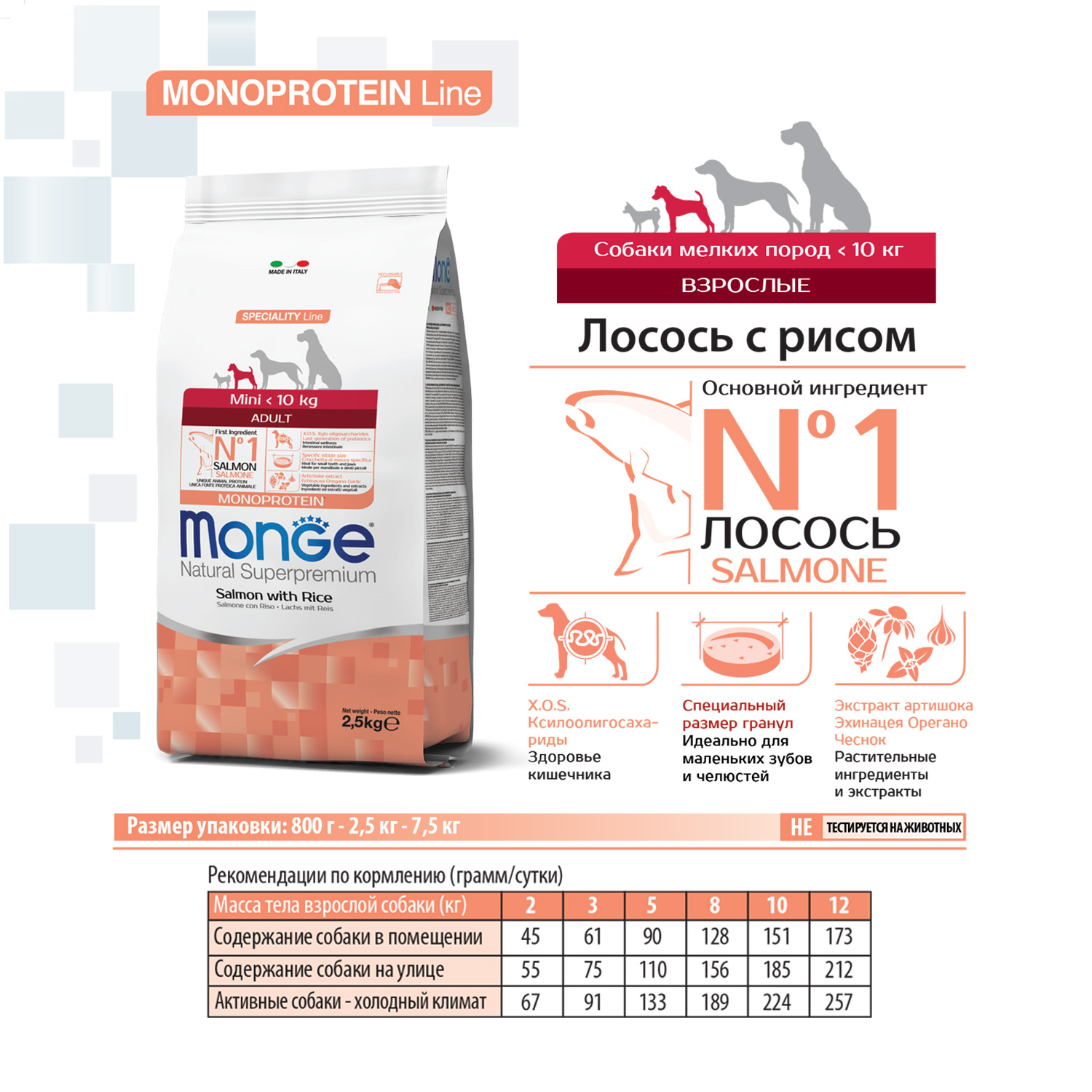 Сухой корм Monge Dog Speciality Line Monoprotein Mini для взрослых собак мелких пород, из лосося с рисом 800 г