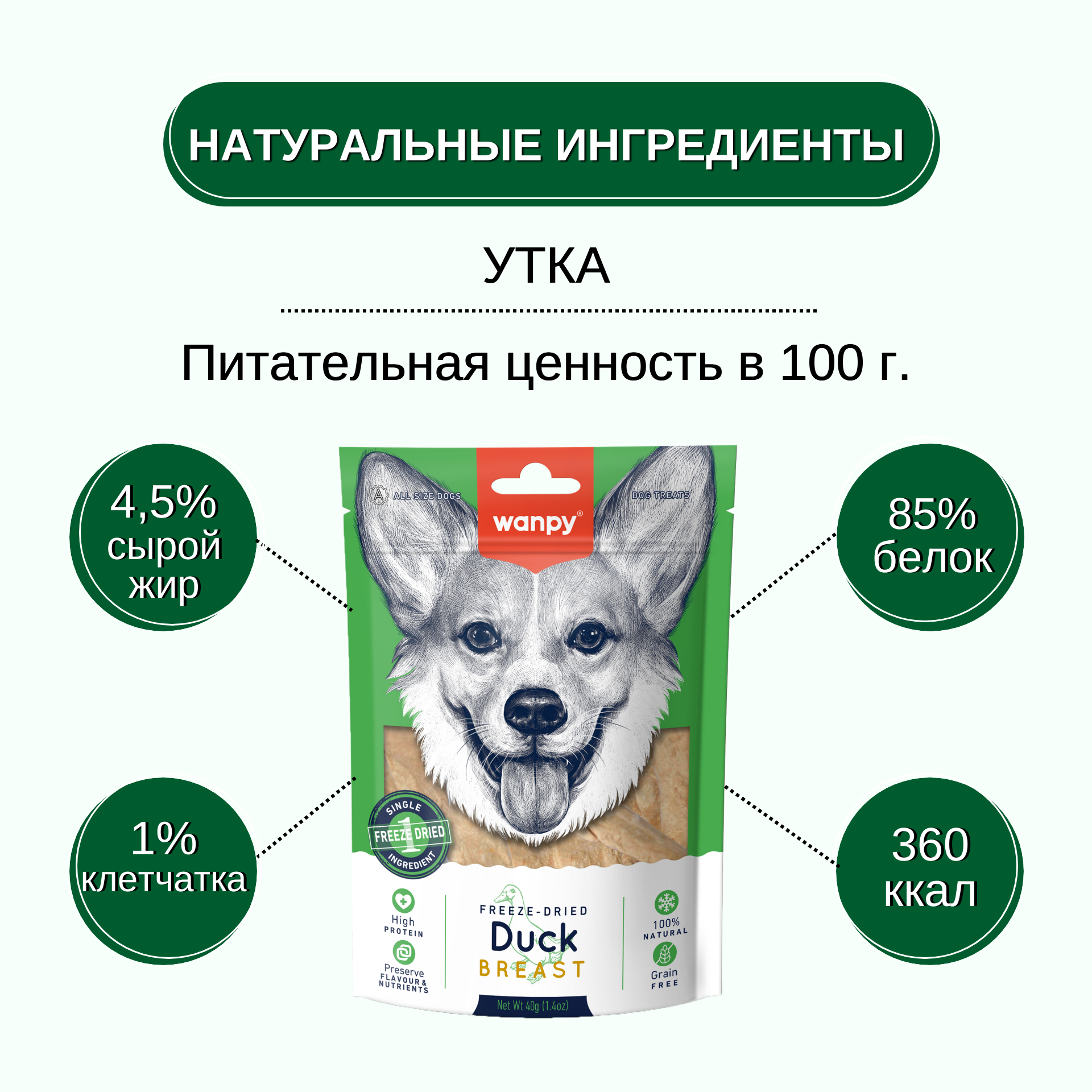 Wanpy Dog Сублимированное лакомство для собак "Утиная грудка" 40 г