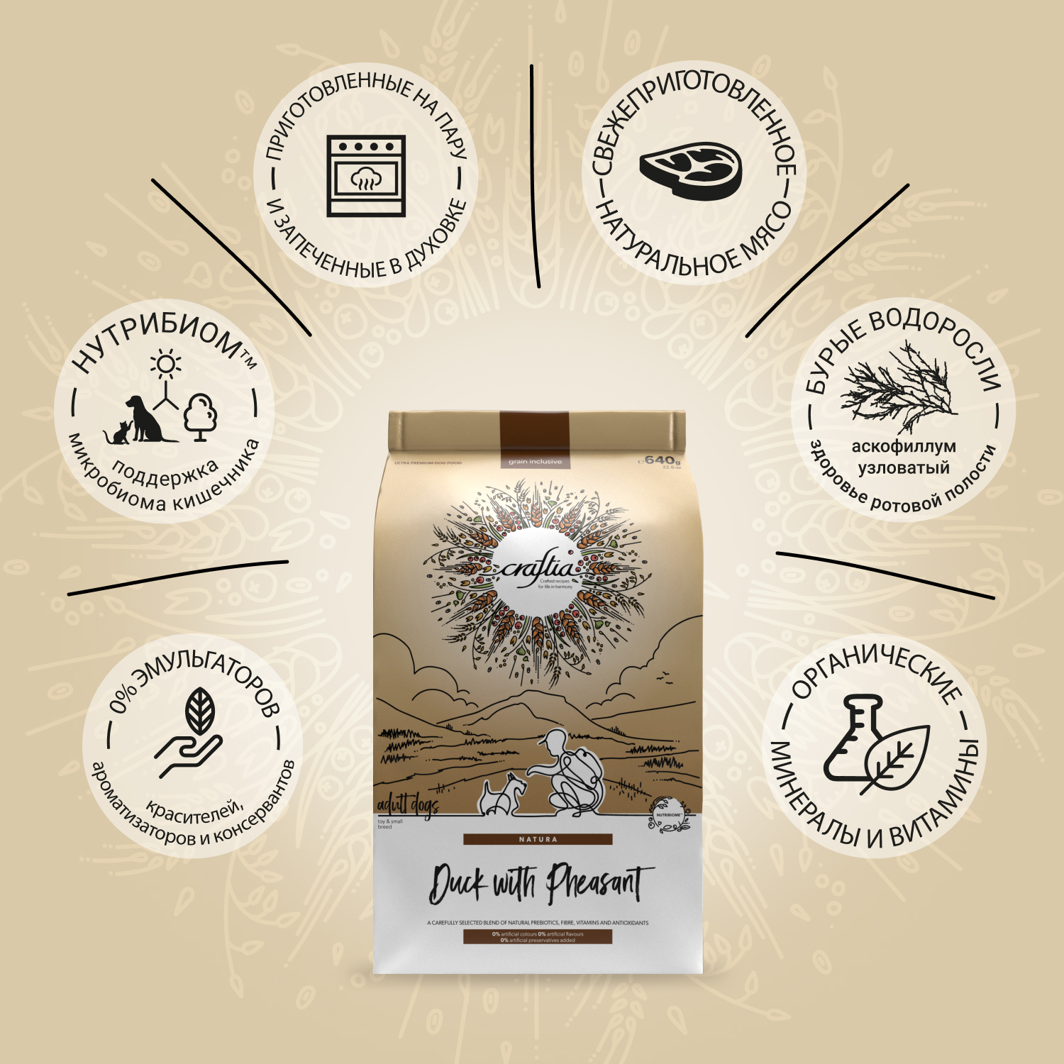 Сухой корм CRAFTIA NATURA для взрослых собак миниатюрных и мелких пород из утки с фазаном 640 г