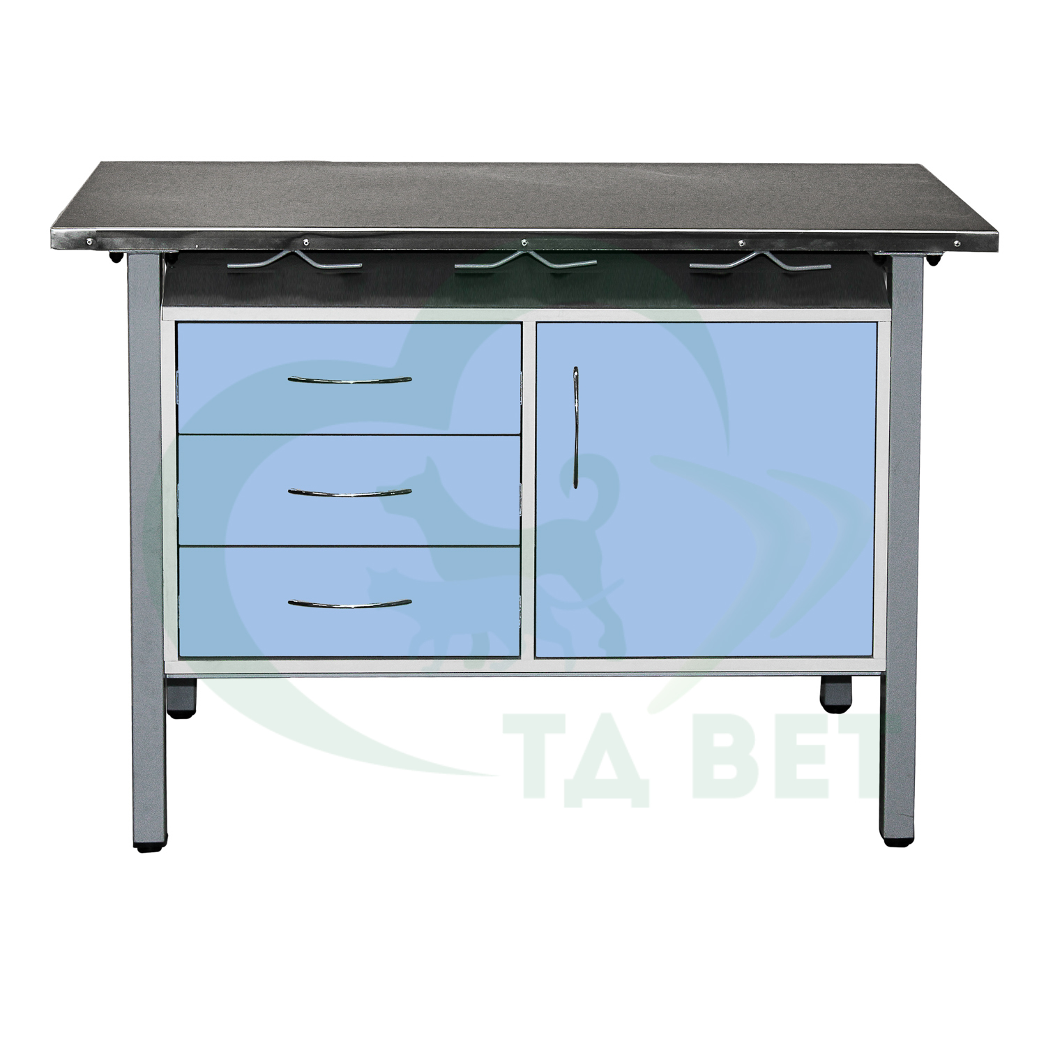 ТД ВЕТ Стол ветеринарный универсальный СВУ-3.08,столешница HPL (цвет серый-меланж) 1300х600х900 мм (фасад голубой)