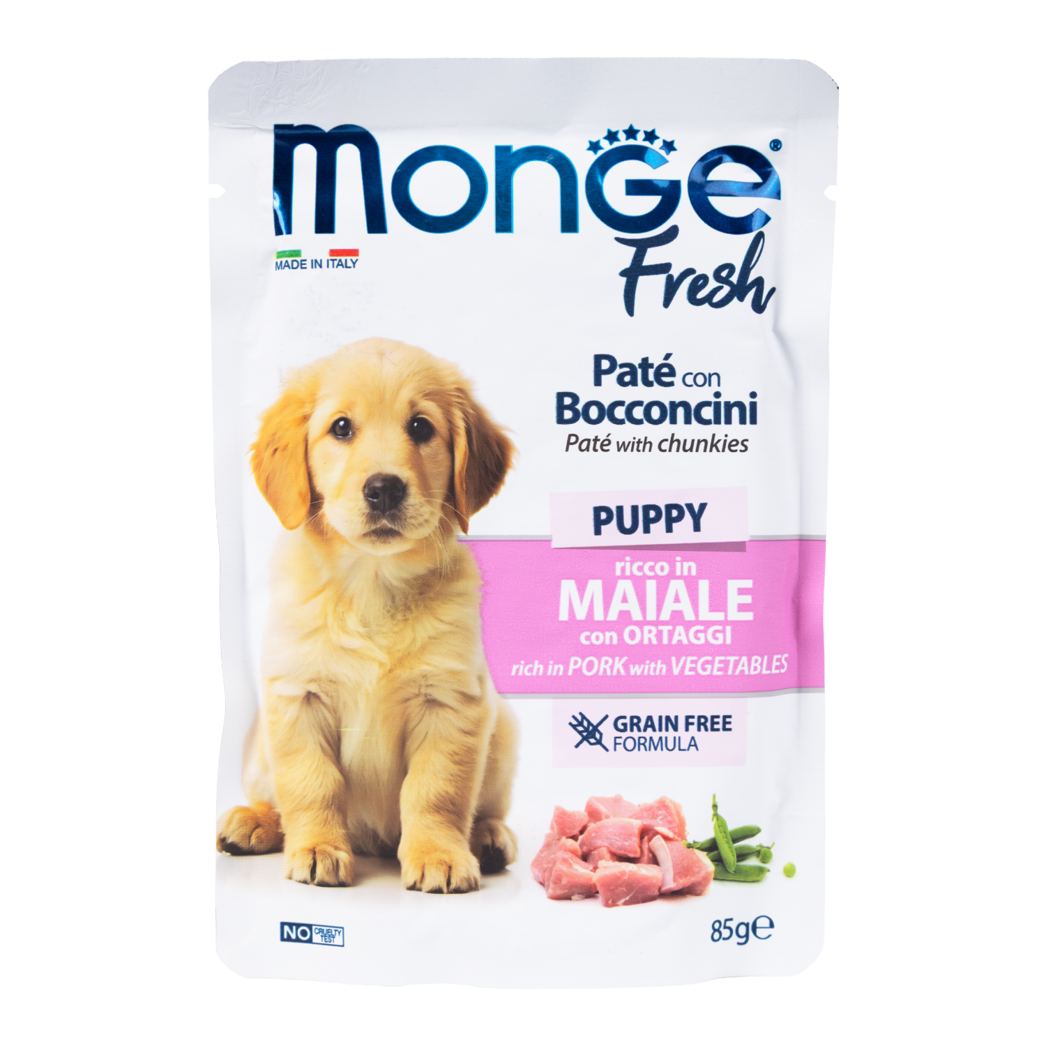 Влажный корм Monge Dog Fresh для щенков, паштет с кусочками свинины и овощами, паучи 85 г