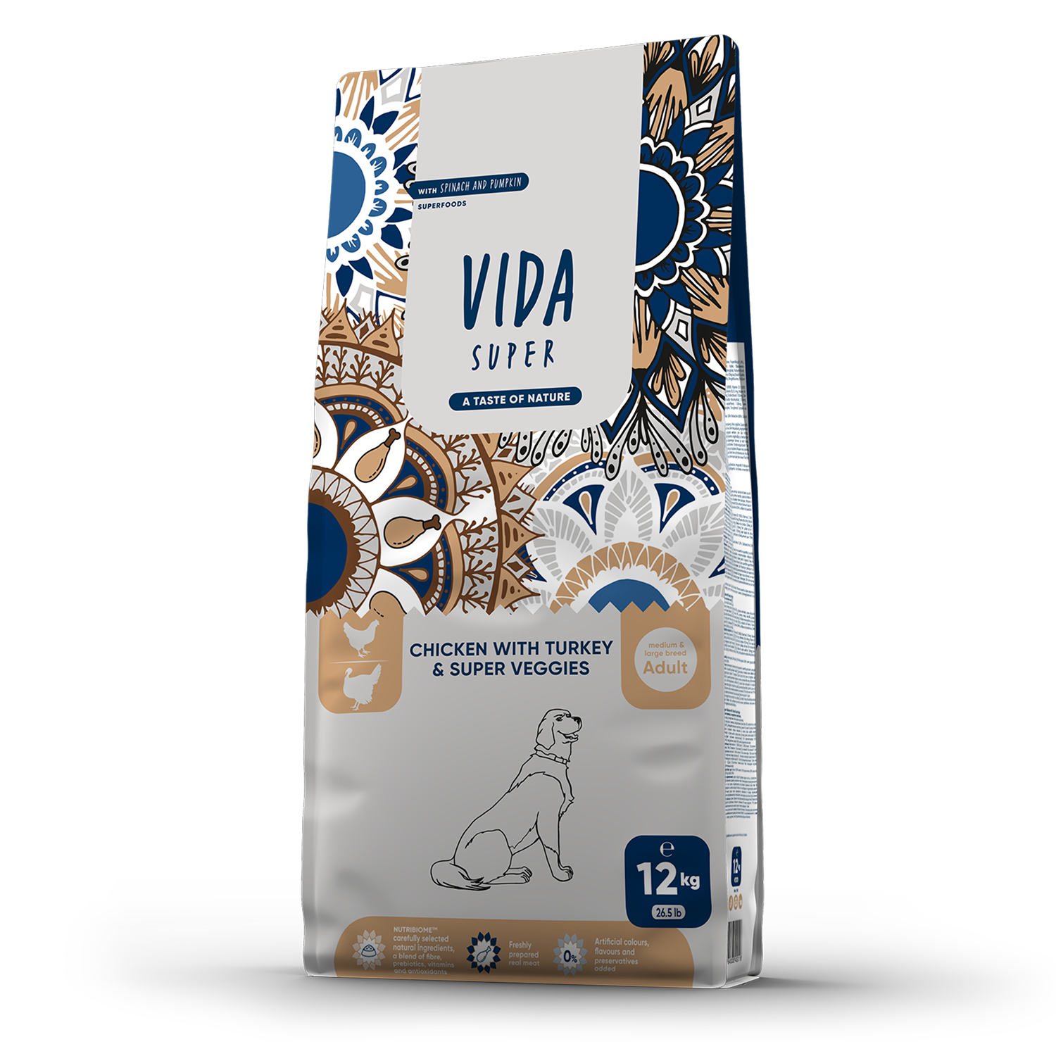 Сухой корм VIDA SUPER для взрослых собак средних и крупных пород из курицы с индейкой и овощами 12 кг