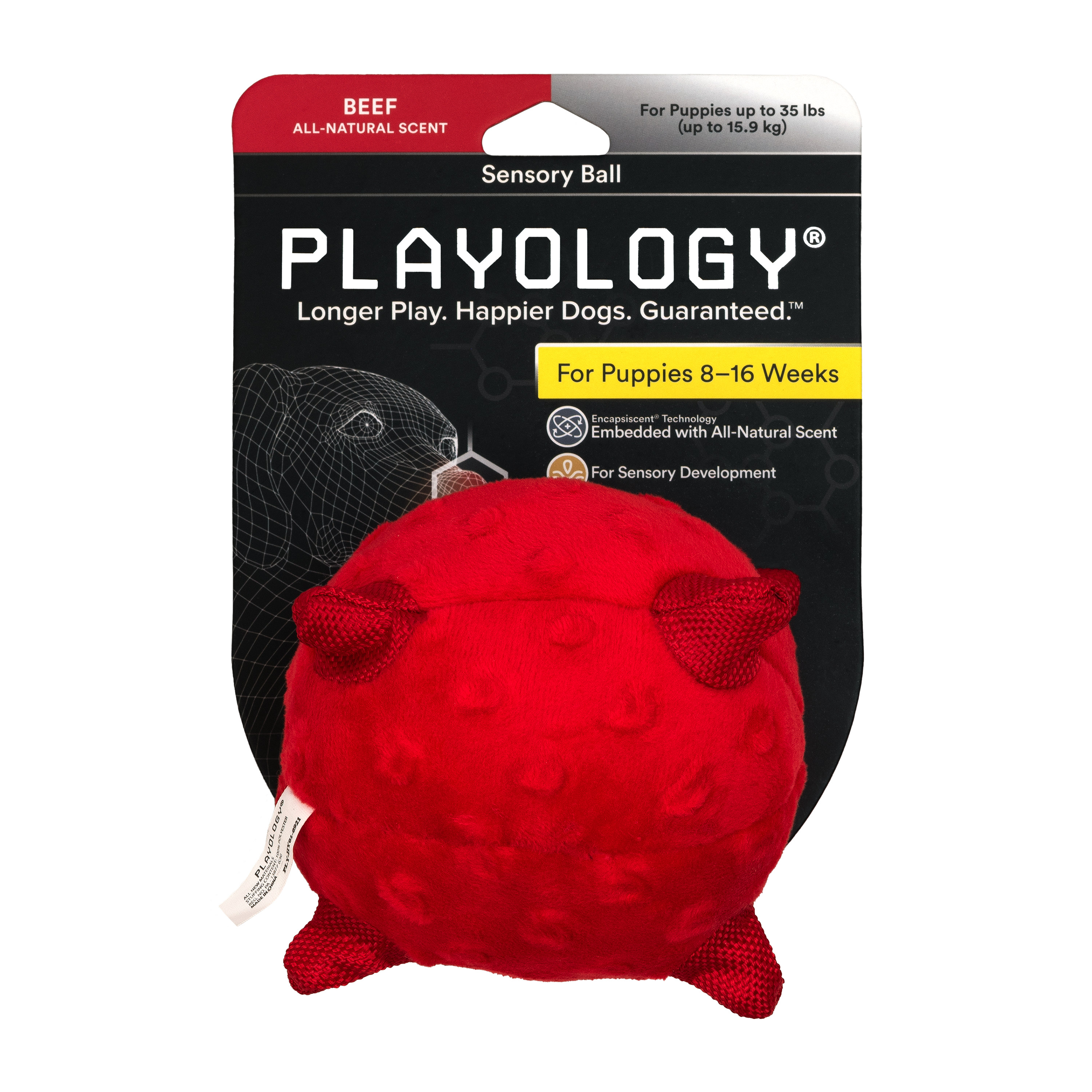 Сенсорный плюшевый мяч Playology PUPPY SENSORY BALL 11 см для щенков мелких и средних пород 8-16 недель с ароматом говядины, цвет красный СКИДКА 50%
