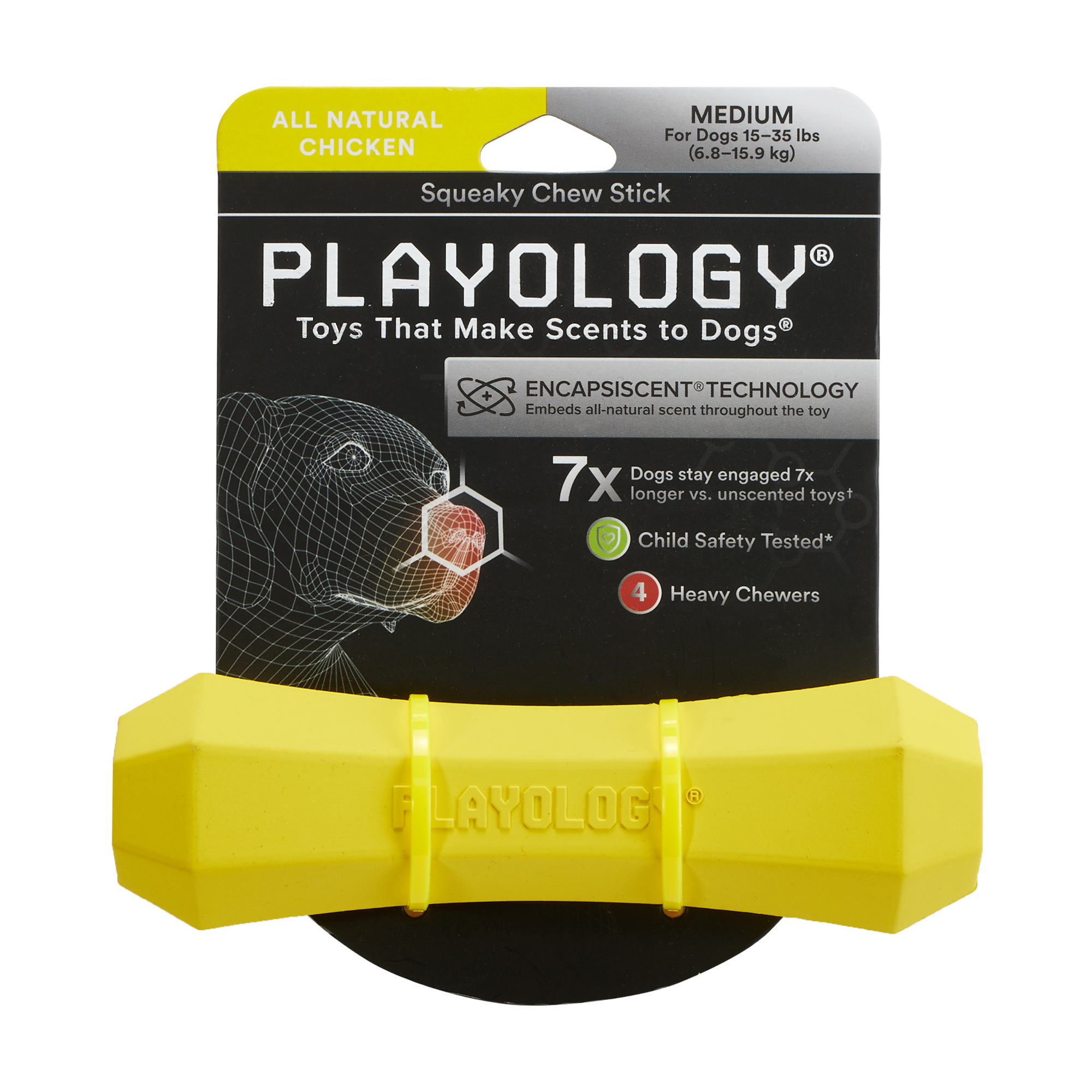 Playology  жевательная палочка SQUEAKY CHEW STICK для собак средних пород с ароматом курицы, средняя, цвет желтый СКИДКА 50%