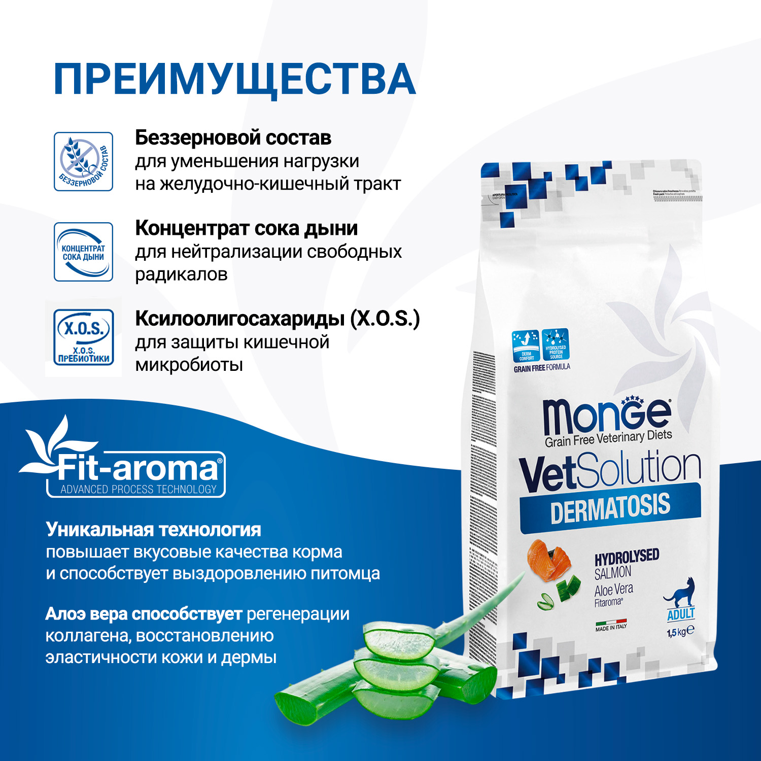 Диетический корм Monge VetSolution Cat Dermatosis Дерматозис для кошек при заболеваниях кожи 1,5 кг