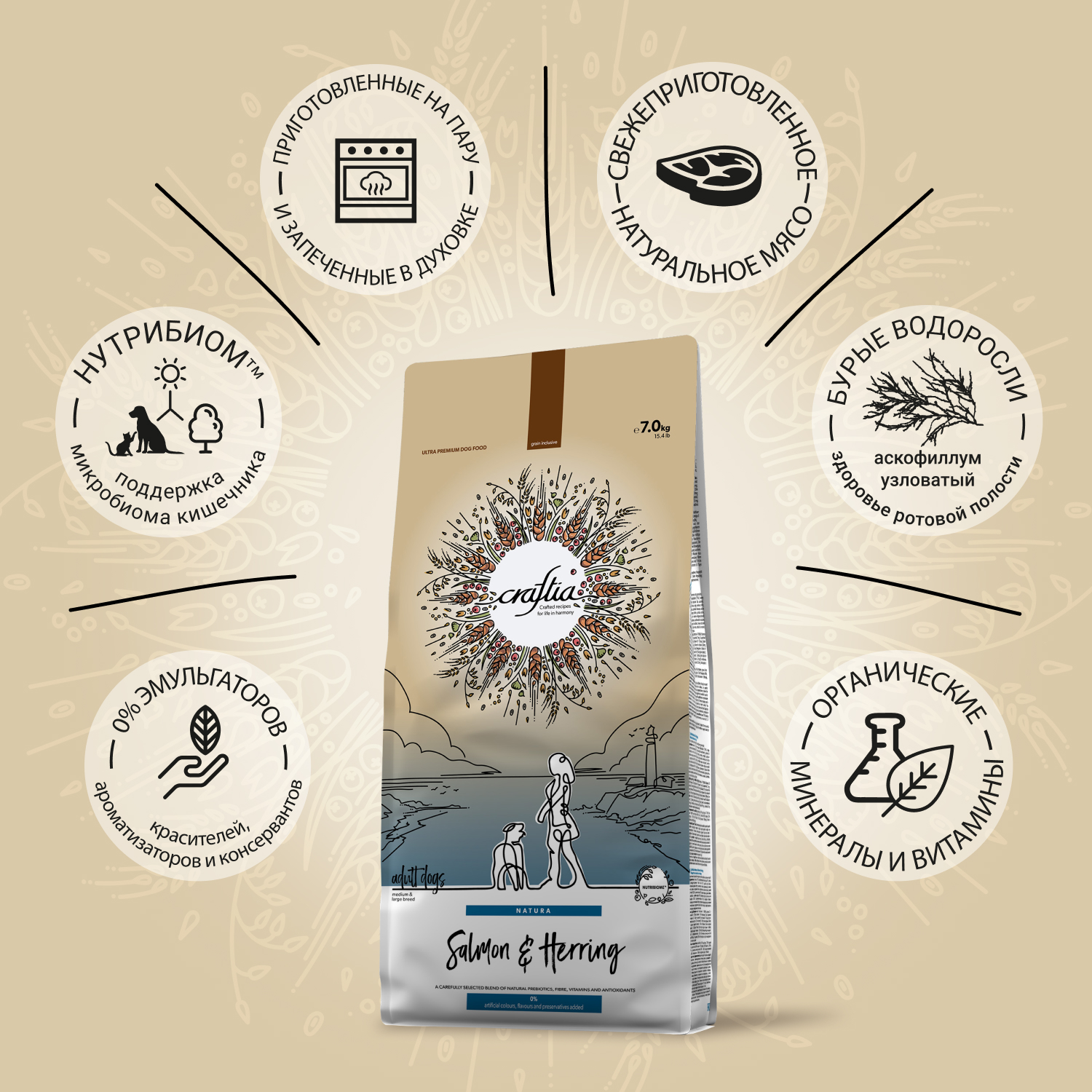 Сухой корм CRAFTIA NATURA для взрослых собак средних и крупных пород из лосося и сельди 7 кг