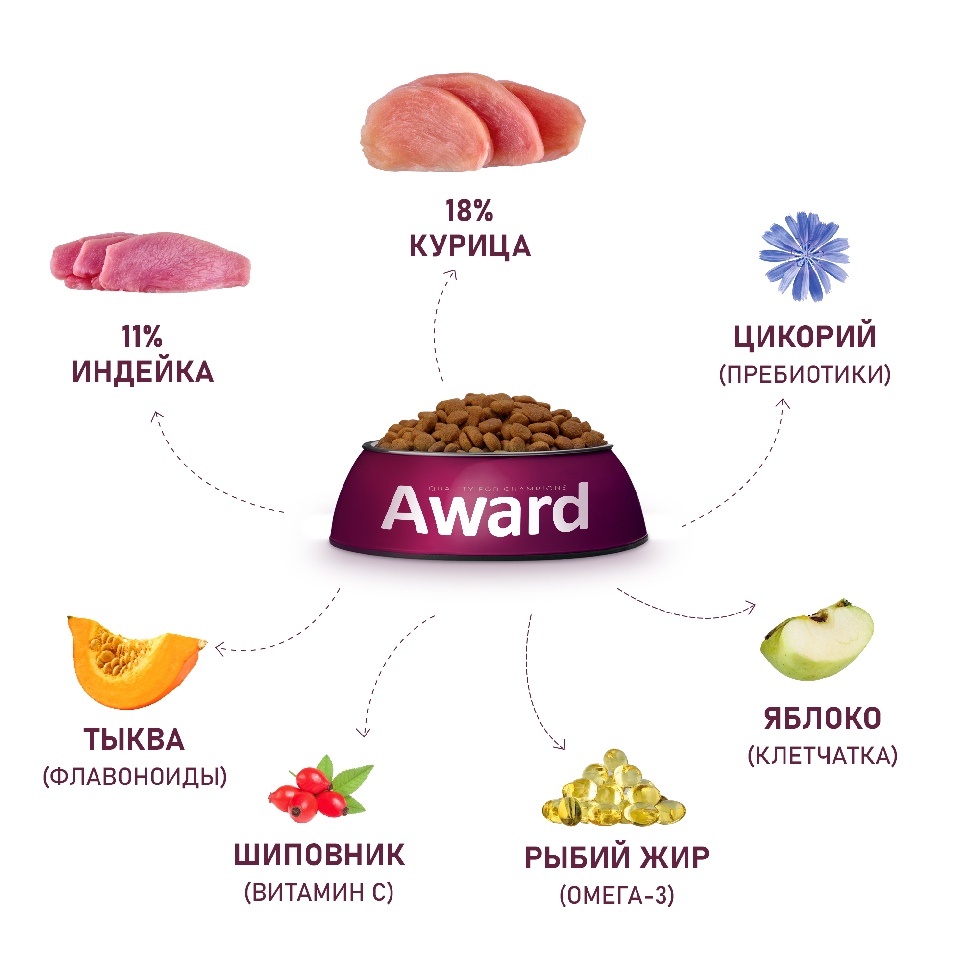 Сухой корм AWARD для взрослых собак крупных пород с курицей и индейкой с добавлением тыквы и шиповника 12кг