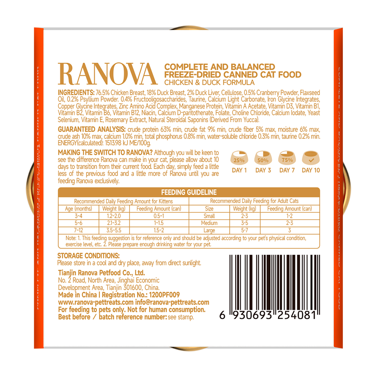 Полнорационный сухой (сублимированный) корм Ranova для кошек консервированный с курицей и уткой, 12 г