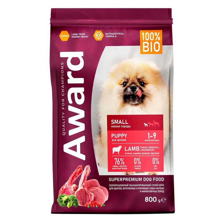 Сухой корм AWARD для щенков от 1 мес, беременных и кормящих сук мелких и мин. пород с ягненком и индейкой с добавлением брокколи и брусники 800г