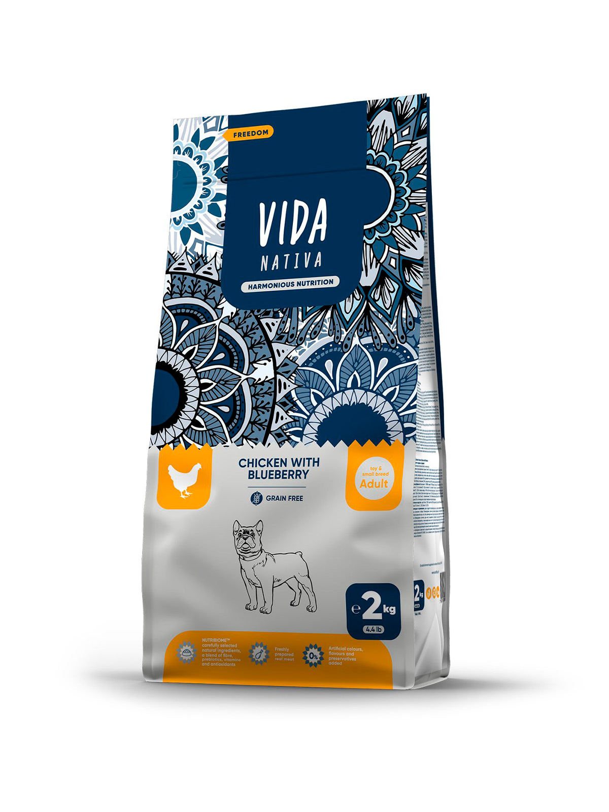 Сухой корм VIDA NATIVA для взрослых собак миниатюрных и мелких пород из курицы с черникой 2 кг