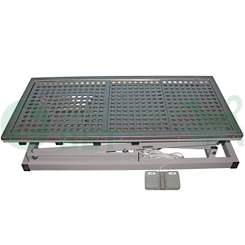 ТД ВЕТ Стол ветеринарный стоматологический VETBOT-77 с мойкой, столешница перф. лист нерж.сталь,  1300x600x(300- 1190)h мм (каркас серый, пульт ножной