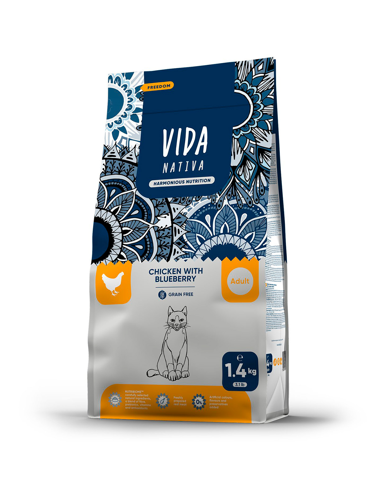 Сухой корм VIDA NATIVA для взрослых кошек из курицы с черникой 1,4 кг
