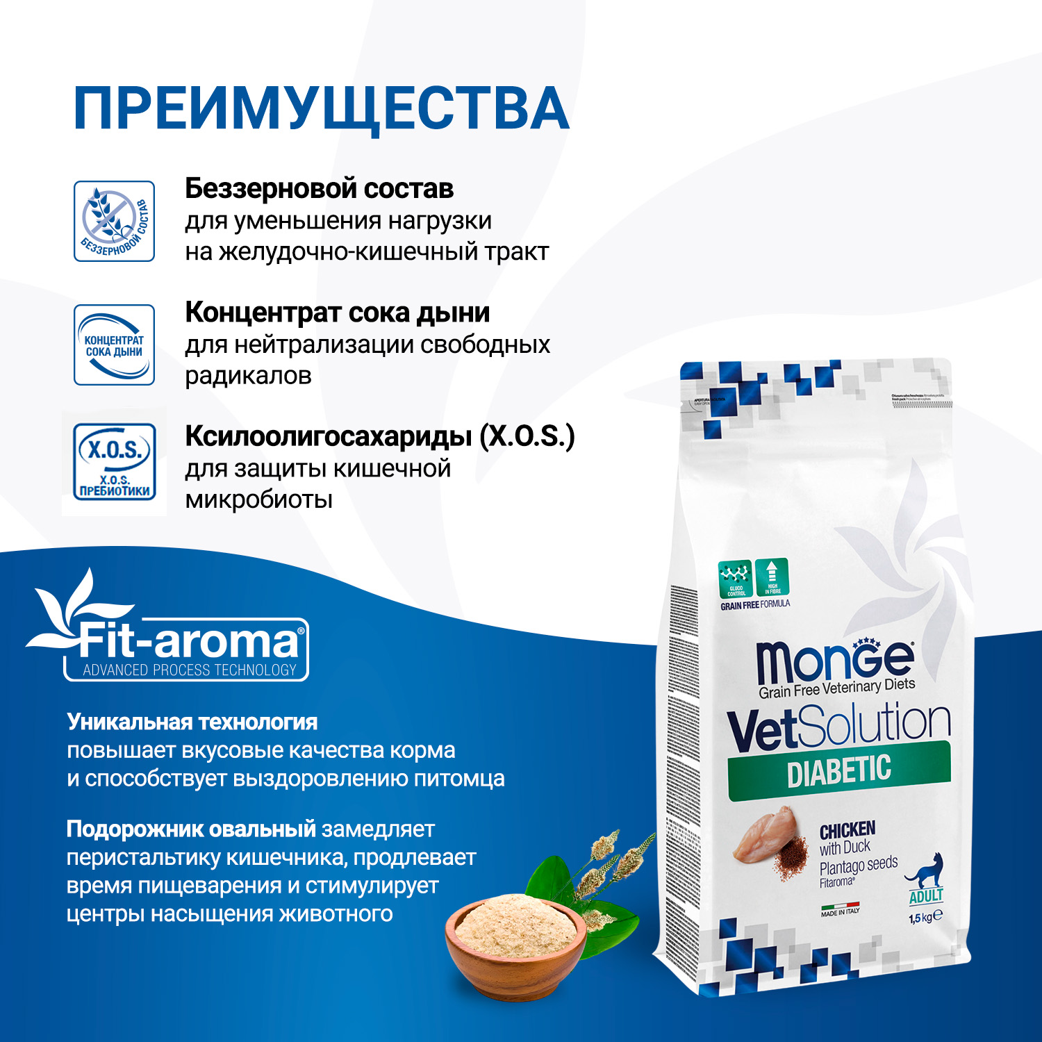 Диетический корм Monge VetSolution Cat Diabetic Диабетик для кошек при сахарном диабете 1,5 кг