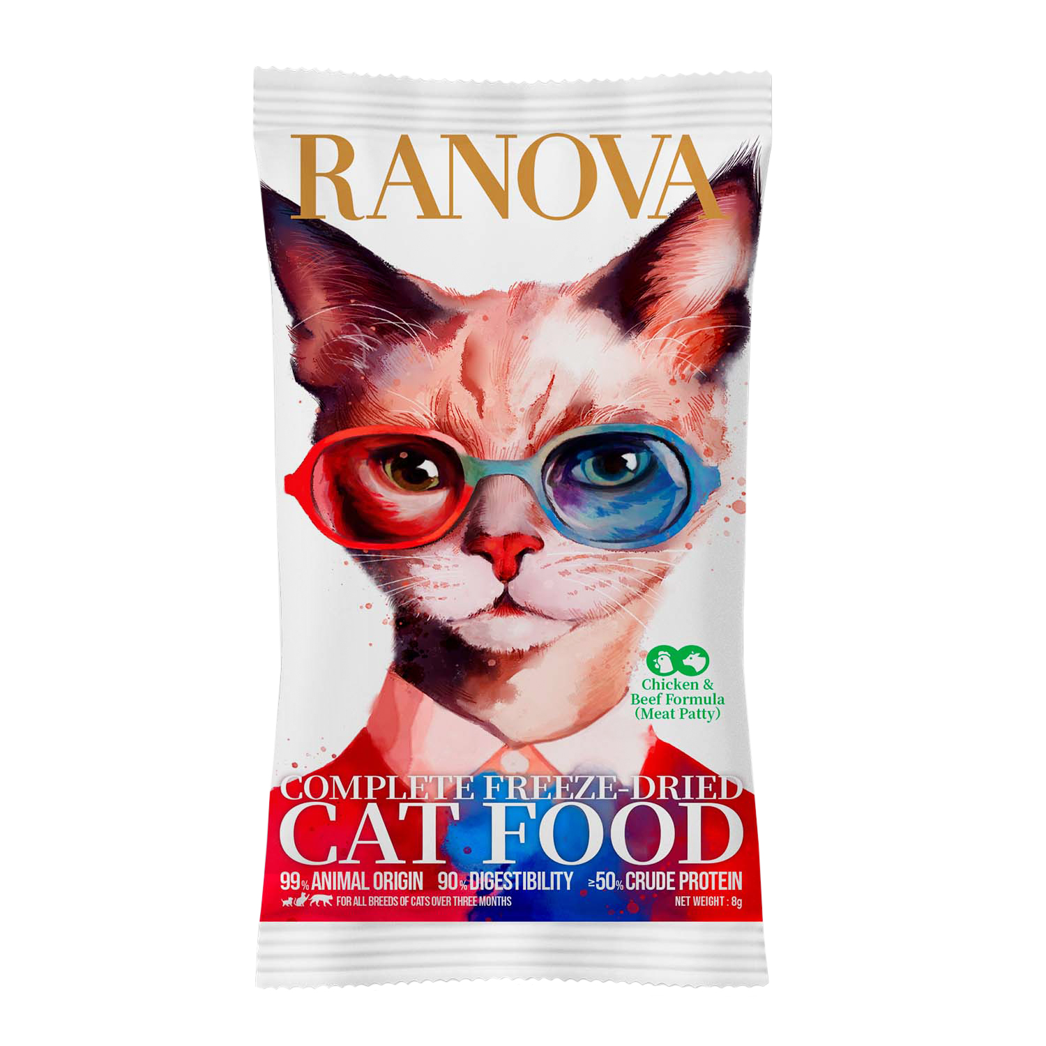 Полнорационный сухой (сублимированный) корм Ranova для кошек с курицей и говядиной, 8 г