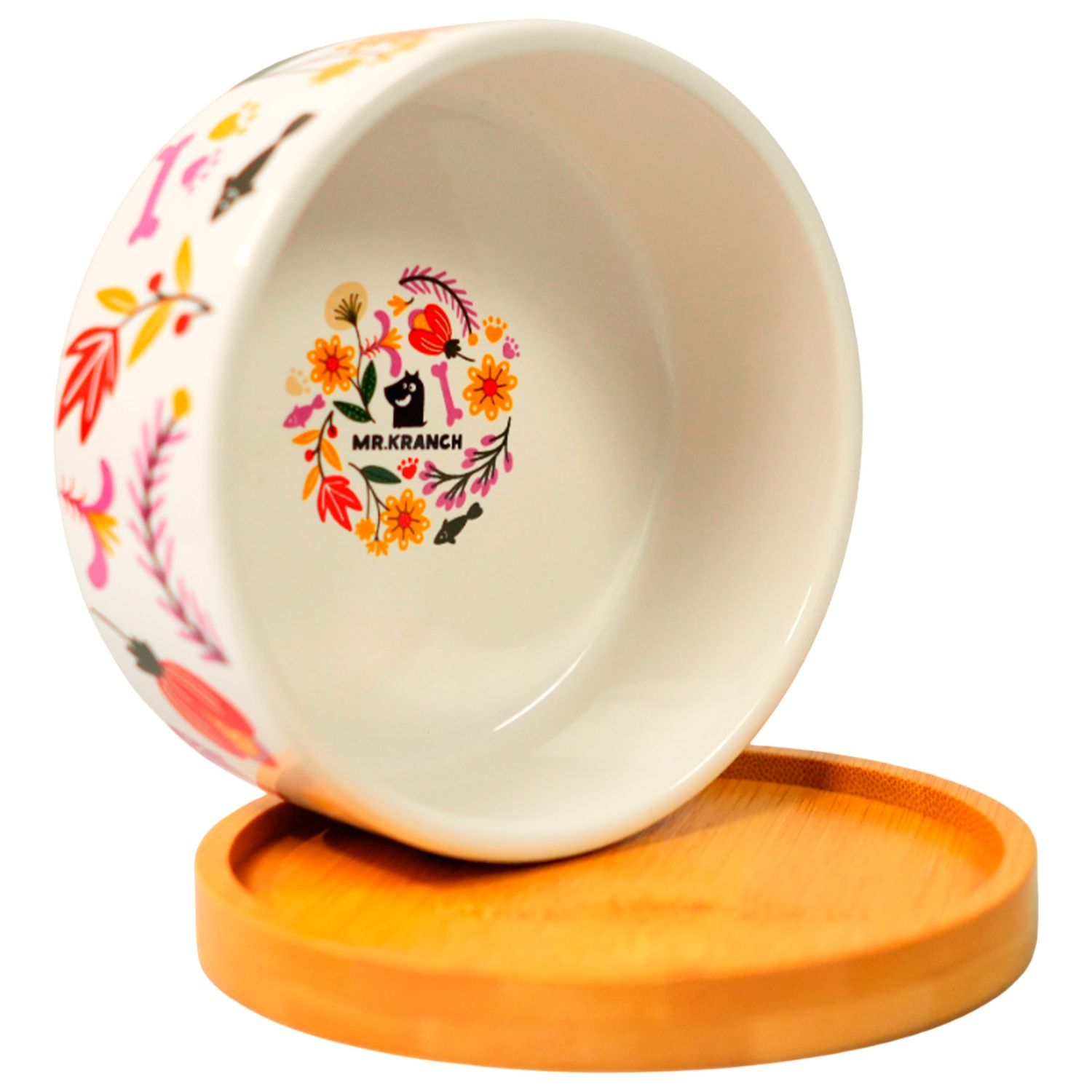 Миска Mr.Kranch Bamboo 340 мл Цветы Прованса керамическая на бамбуковой подставке розовая