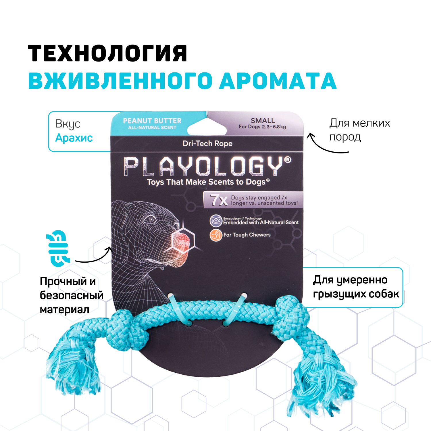 Playology жевательный канат DRI-TECH ROPE для собак мелких пород с ароматом арахиса, маленький, цвет голубой СКИДКА 50%