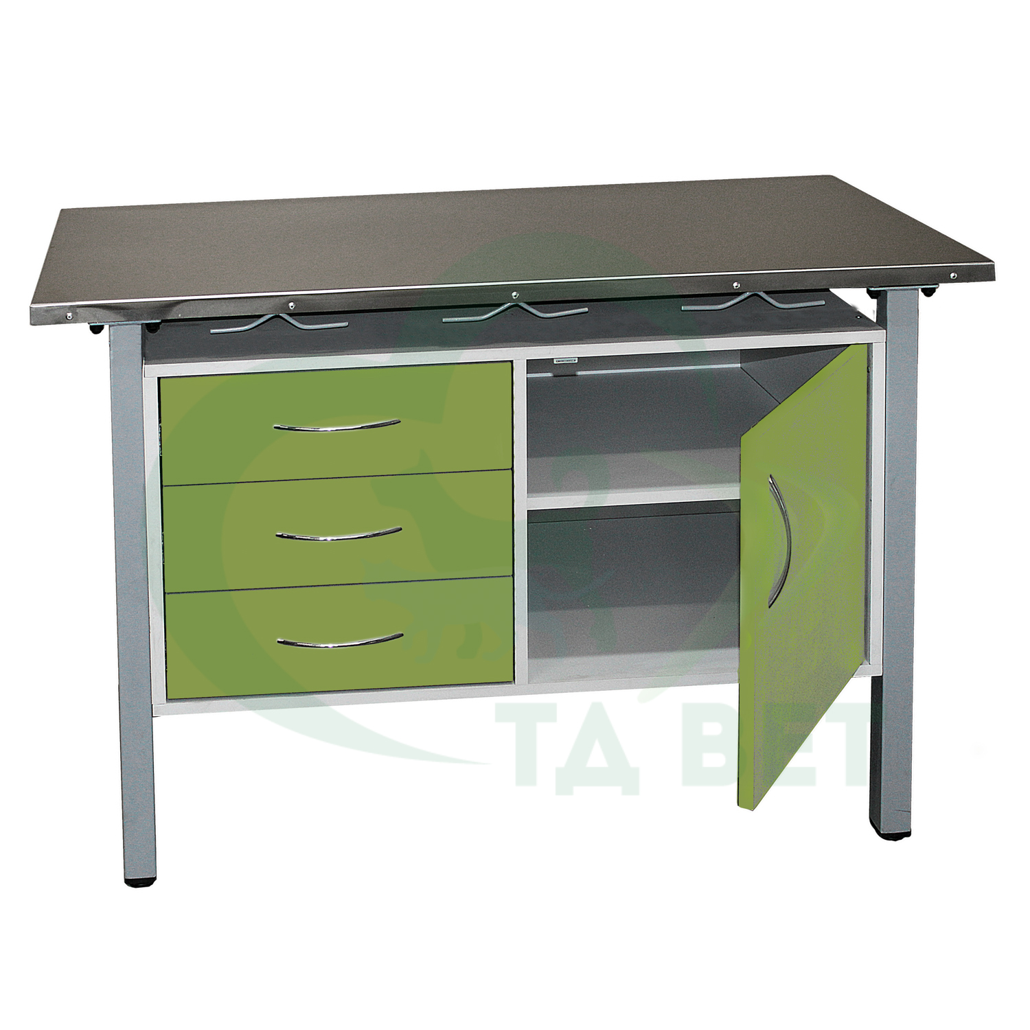 ТД ВЕТ Стол ветеринарный универсальный СВУ-3.08,столешница HPL (цвет серый-меланж) 1300х600х900 мм (фасад зеленый киви)
