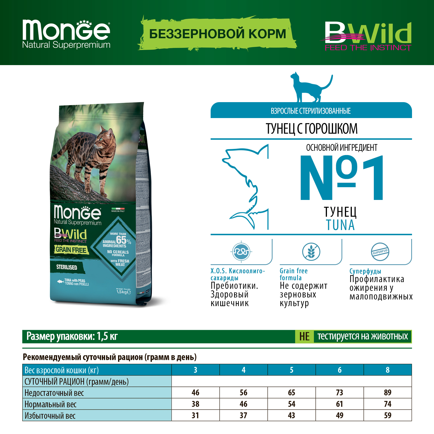 Сухой корм Monge Cat BWild GRAIN FREE для стерилизованных кошек, беззерновой, из тунца, 1,5 кг