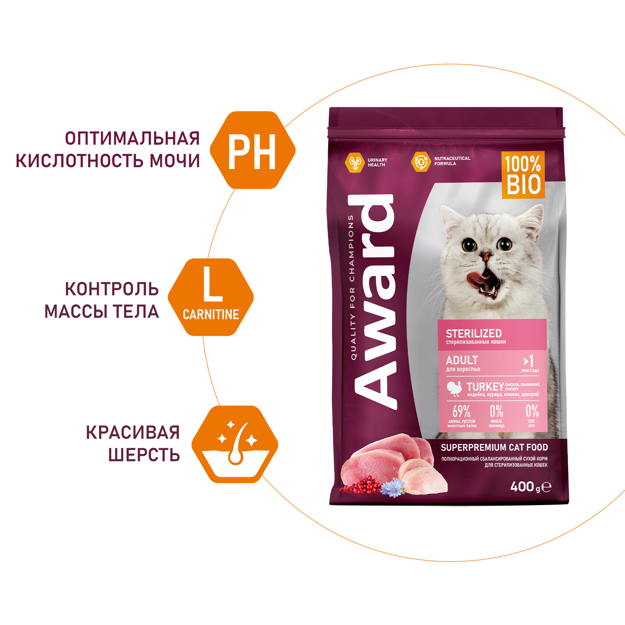 Сухой корм AWARD Sterilized для взрослых стерилизованных кошек с индейкой и курицей с добавлением клюквы и цикория 400г