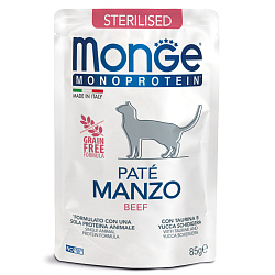 Влажный корм Monge Cat Monoprotein для стерилизованных кошек, из говядины, паучи 85 г