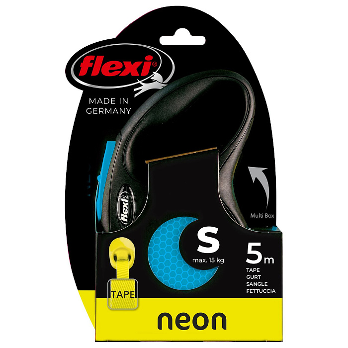 flexi рулетка Neon New S (до 15 кг) лента 5 м, светоотражающая, голубой неон