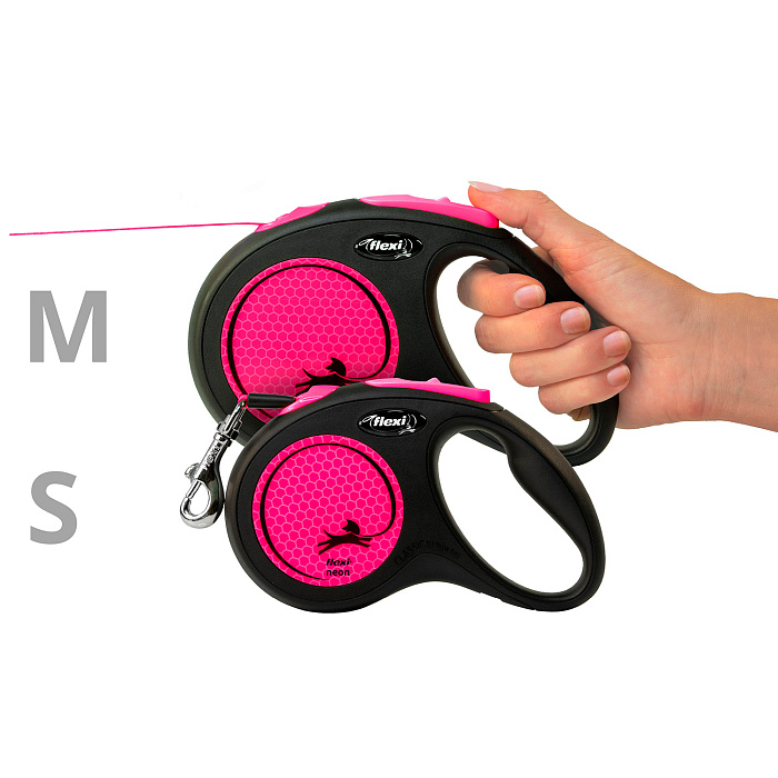 flexi рулетка Neon New M (до 25 кг) лента 5 м, светоотражающая,розовый неон