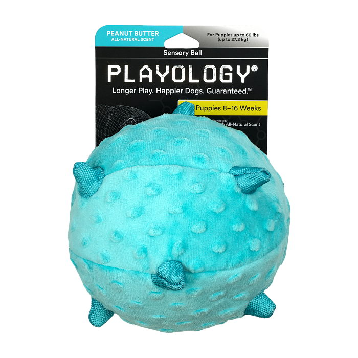Сенсорный плюшевый мяч Playology PUPPY SENSORY BALL 15 см для щенков средних и крупных пород 8-16 недель с ароматом арахиса, цвет голубой СКИДКА 50%