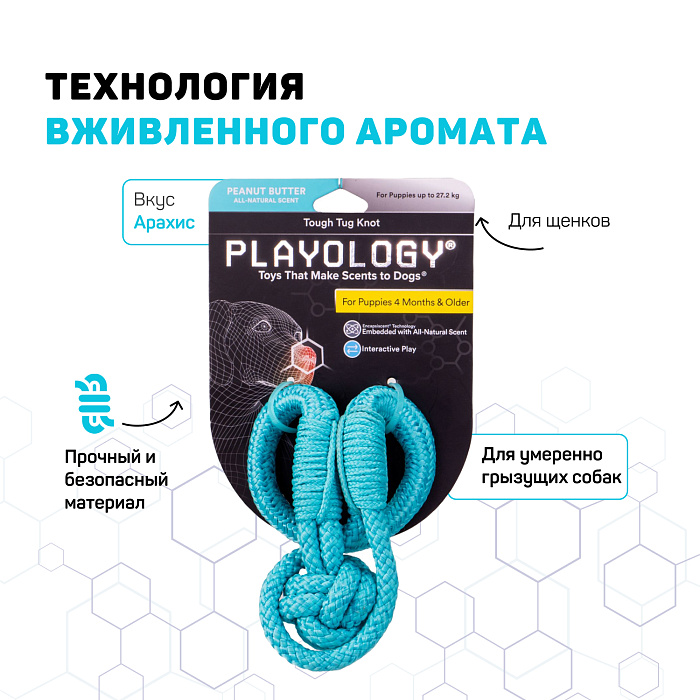 Playology жевательный канат TOUGH TUG KNOT для щенков 4-8 месяцев с ароматом арахиса, цвет голубой СКИДКА 50%