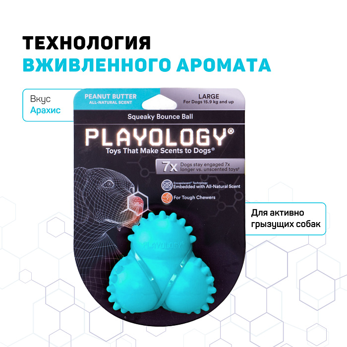 Playology дентальный жевательный тройной мяч  SQUEAKY BOUNCE BALL для щенков 4-8 месяцев с ароматом арахиса, цвет голубой СКИДКА 50%