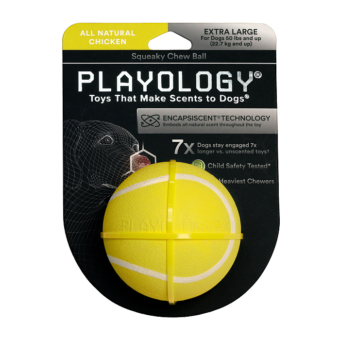 Playology жевательный мяч SQUEAKY CHEW BALL 8 см для собак средних и крупных пород с пищалкой и с ароматом курицы, цвет желтый СКИДКА 50%