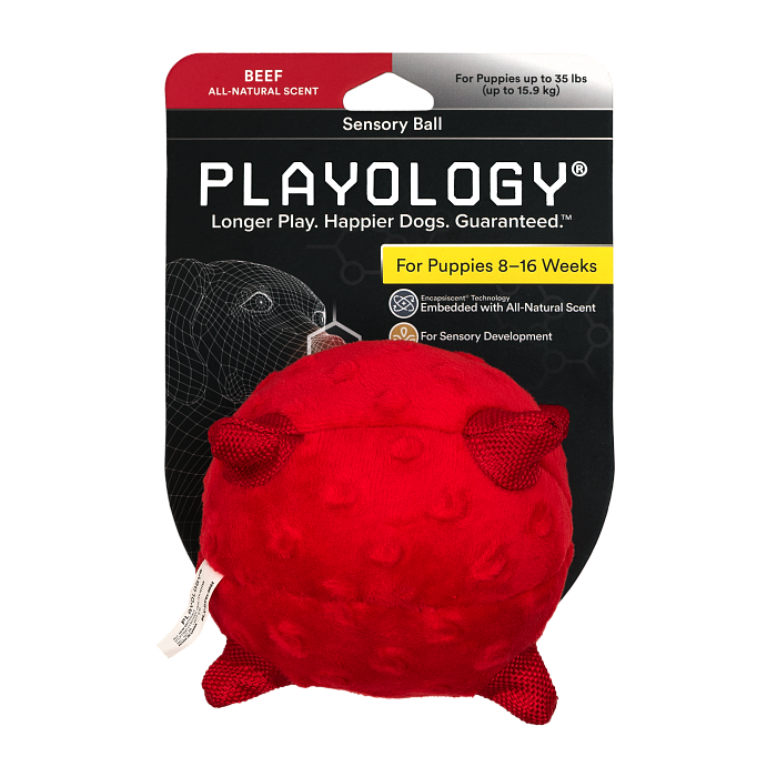 Сенсорный плюшевый мяч Playology PUPPY SENSORY BALL 11 см для щенков мелких и средних пород 8-16 недель с ароматом говядины, цвет красный СКИДКА 50%