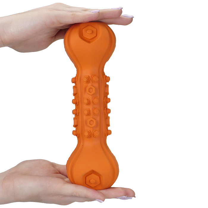 Игрушка Mr.Kranch для собак Гантель дентальная и пищалкой 22 см оранжевая с ароматом бекона