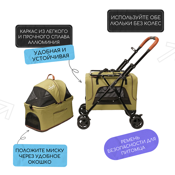 Коляска прогулочная Mr.Kranch для собак и кошек двойная (макс. нагрузка 10+10 кг) оливковая