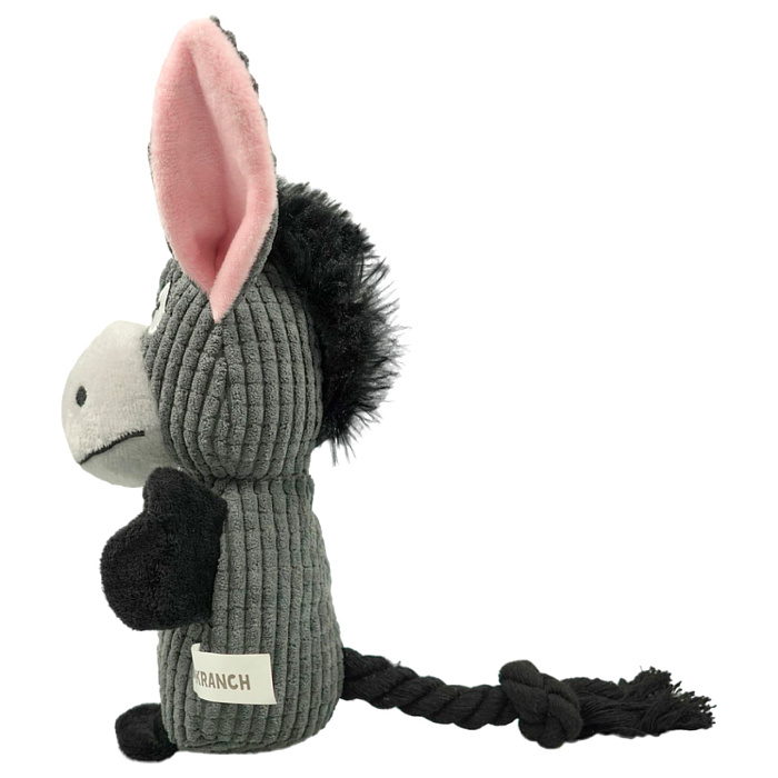 Игрушка Mr.Kranch для собак Ослик плюшевая с канатиками пищалкой и карманом под лакомство 21 см серая