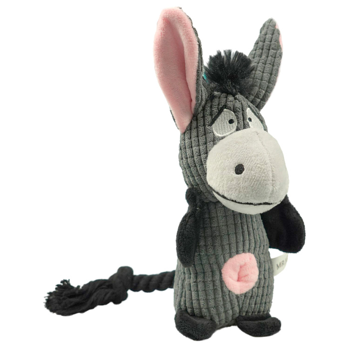 Игрушка Mr.Kranch для собак Ослик плюшевая с канатиками пищалкой и карманом под лакомство 21 см серая