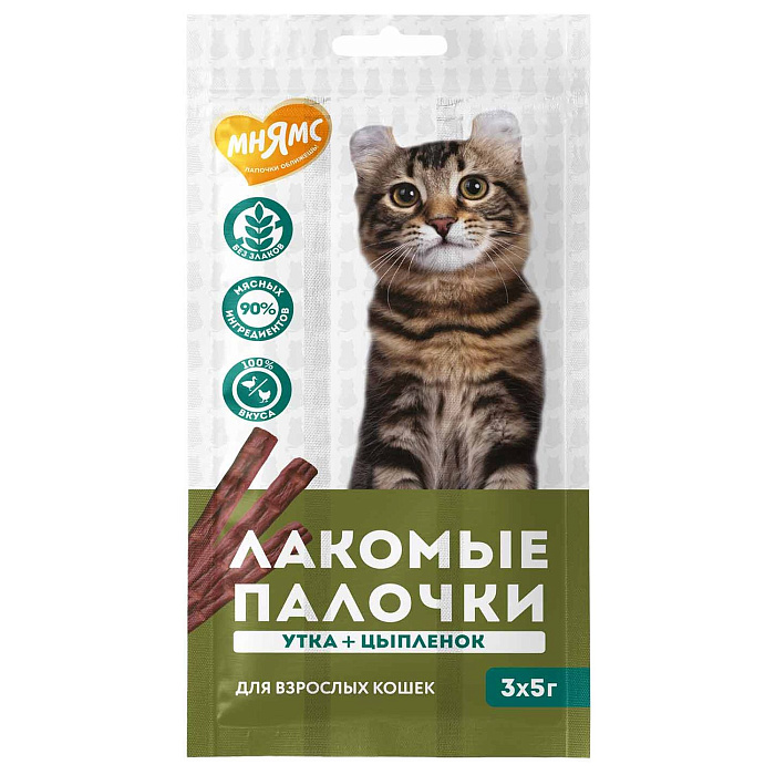 Лакомство Мнямс лакомые палочки для кошек из цыпленка и утки 3х5 г