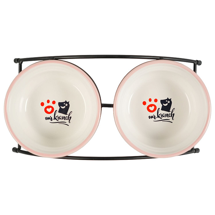 Миски Mr.Kranch на подставке для собак и кошек двойные 2x290 мл с лапкой розовые