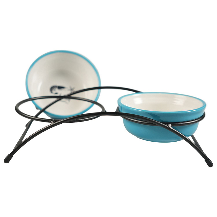 Миски Mr.Kranch на подставке для собак и кошек двойные 2x290 мл fish&chips голубые