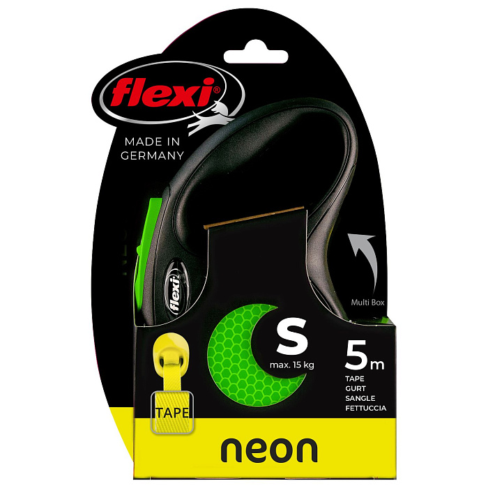 flexi рулетка Neon New S (до 15 кг) лента 5 м, светоотражающая, зеленый неон