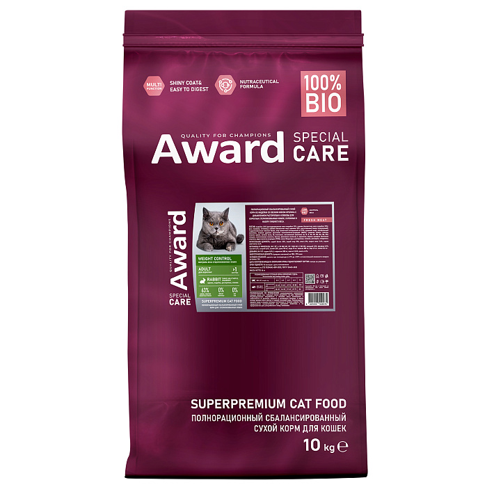 Сухой корм AWARD SPECIAL CARE Weight Control для взрослых стерилизованных кошек для контроля веса со свежим мясом кролика 10кг