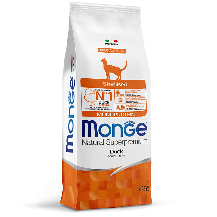 Сухой корм Monge Cat Speciality Line Monoprotein Sterilised для стерилизованных кошек, из утки 10 кг
