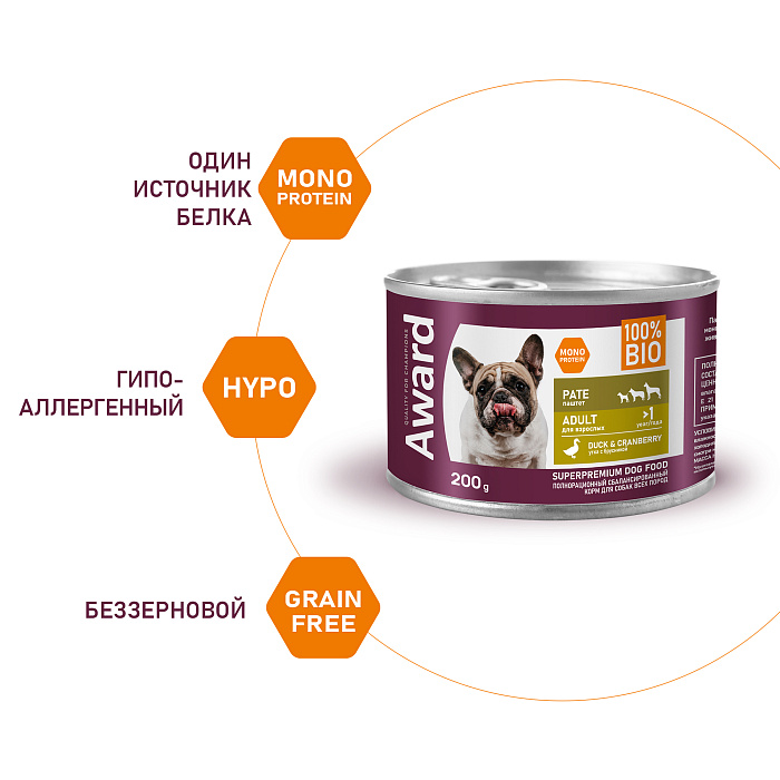 Влажный корм AWARD для взрослых собак паштет из утки с брусникой 200г
