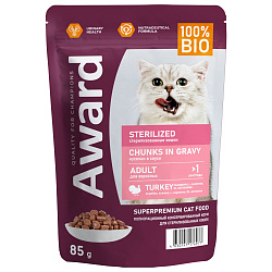 Влажный корм AWARD Sterilized для взрослых стерилизованных кошек кусочки в соусе с индейкой 85г
