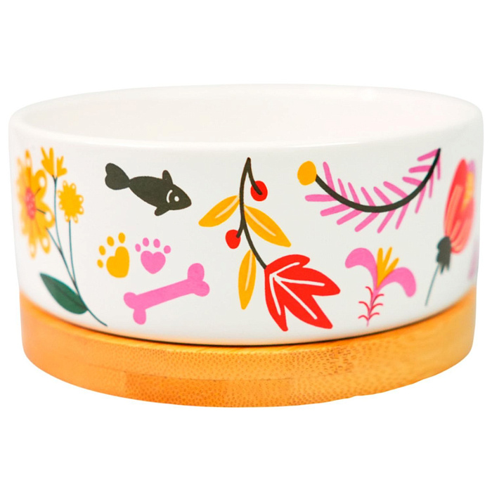 Миска Mr.Kranch Bamboo 340 мл Цветы Прованса керамическая на бамбуковой подставке розовая