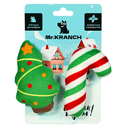 Игрушка Mr.Kranch для кошек Ёлочка и леденец плюшевая с кошачьей мятой 9 см зелёная