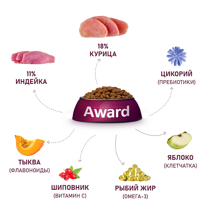 Сухой корм AWARD для взрослых собак крупных пород с курицей и индейкой с добавлением тыквы и шиповника 12кг