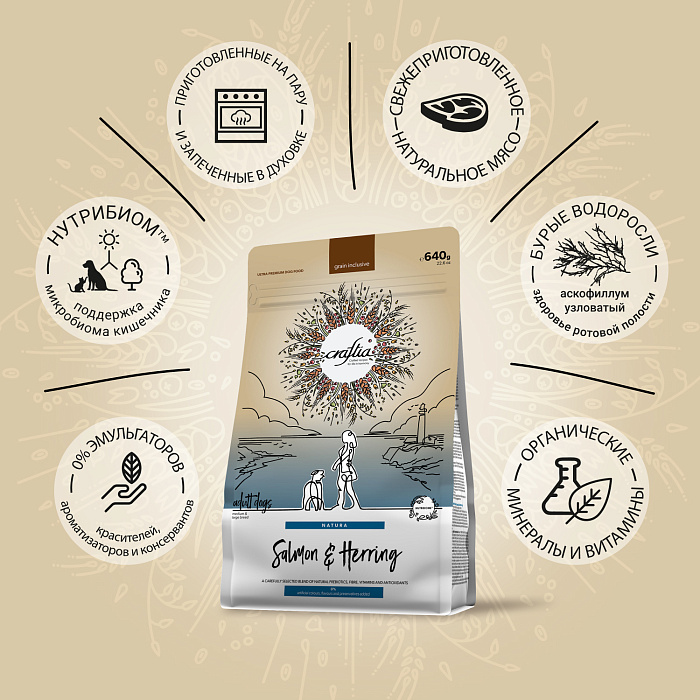 Сухой корм CRAFTIA NATURA для взрослых собак средних и крупных пород из лосося и сельди 640 г